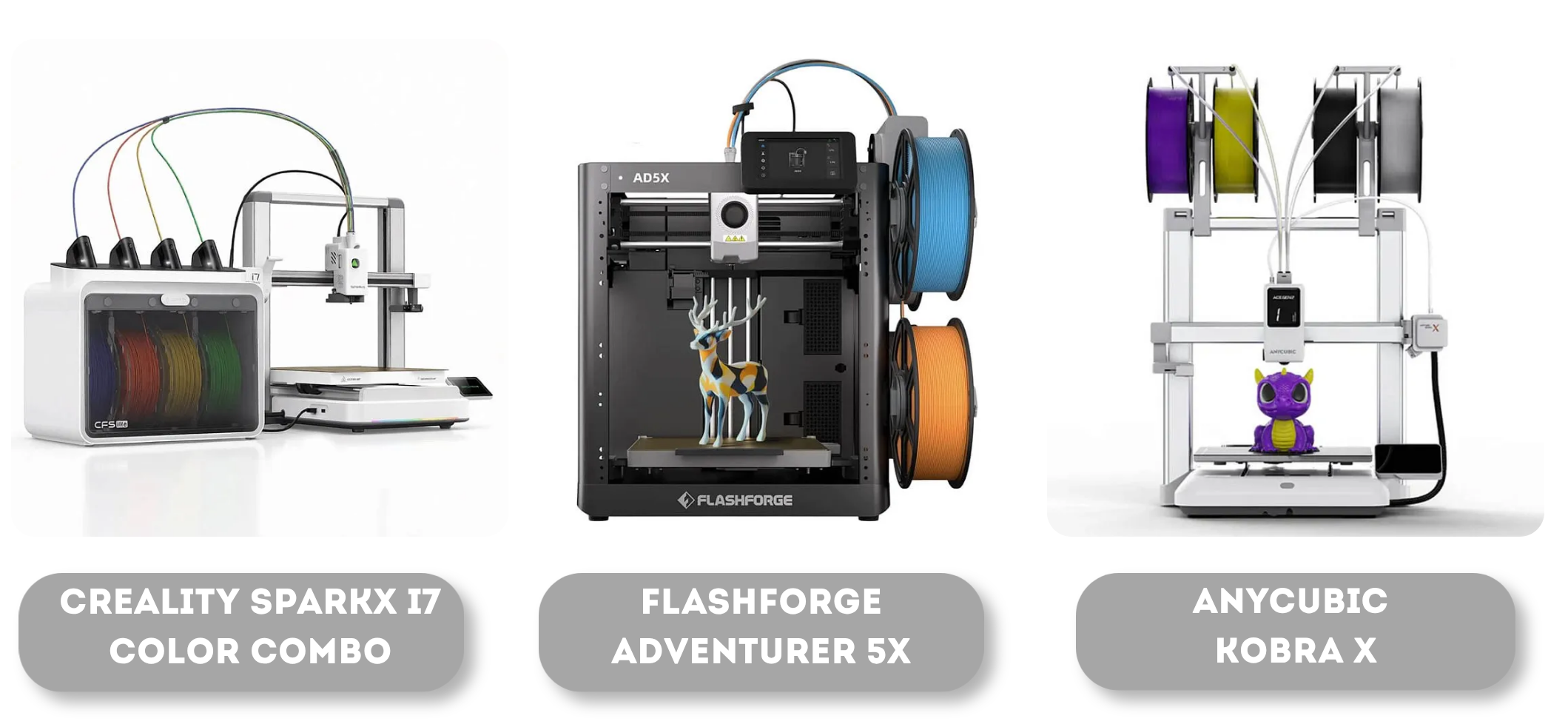 Creality sparkx 17 color combo, Flashforge Adventurer 5X, Anycubic Kobra X